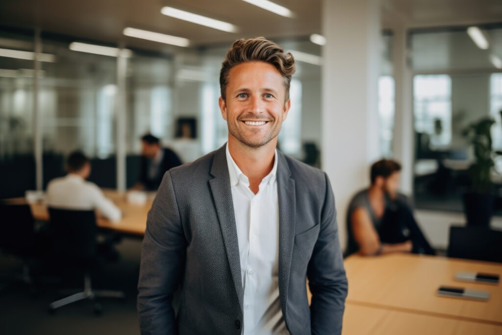Porträt eines lächelnden jungen Mannes, der in einem Büro eines Startup-Unternehmens arbeitet